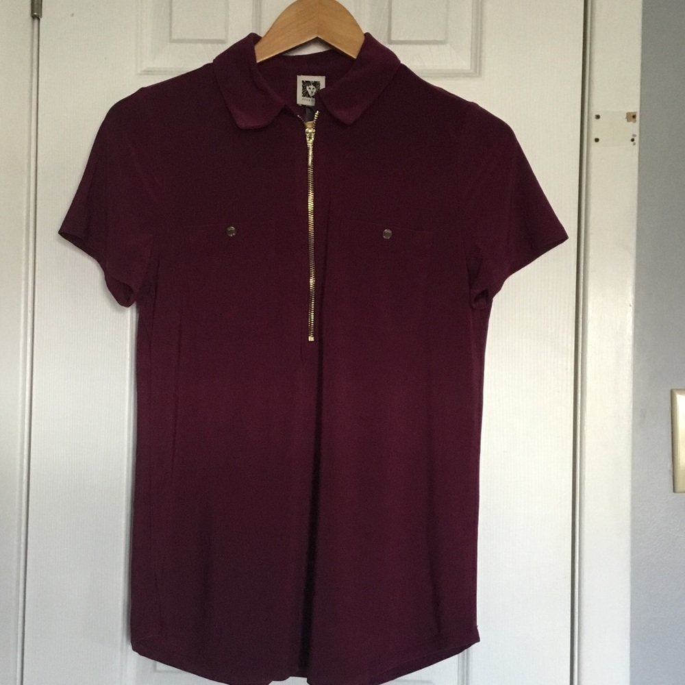 Anne Klein Short-Sleeve Polo Zip Top in Burgundy